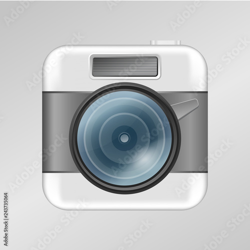 Realistic retro camera icon in bright gray color, realistic lens. Icon for app, photo folder. Vintage photo camera icon.