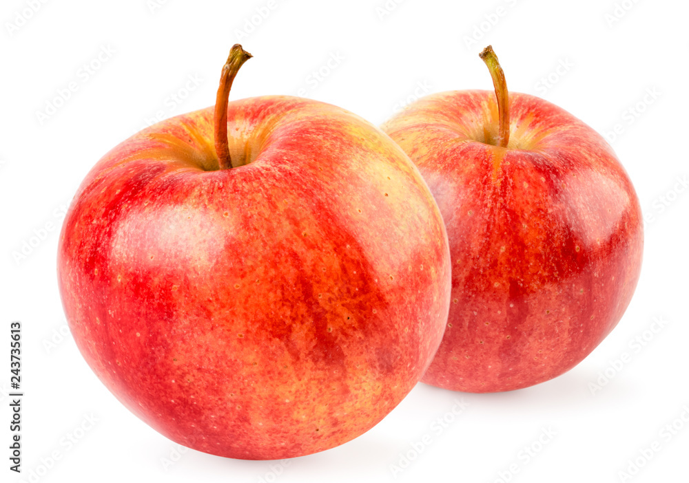 Two red apples close up on a white background.