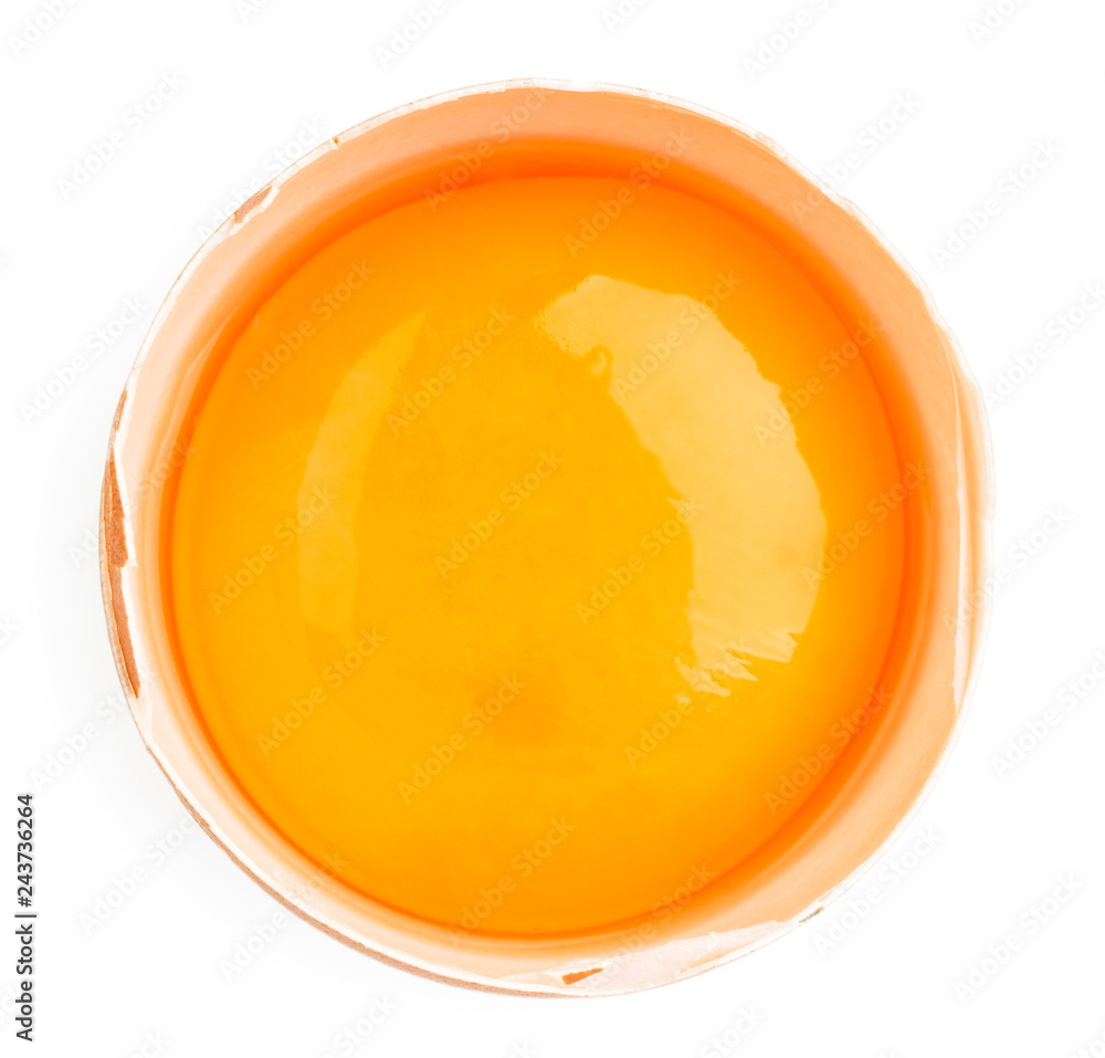 Half chicken egg with yolk close up on a white. The form of the top.