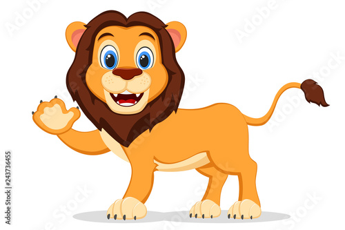 Wild lion smiling and waving his paw on a white. Cartoon character