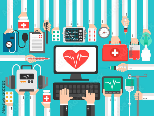 Medical computer with heart flat design .Vector illustration