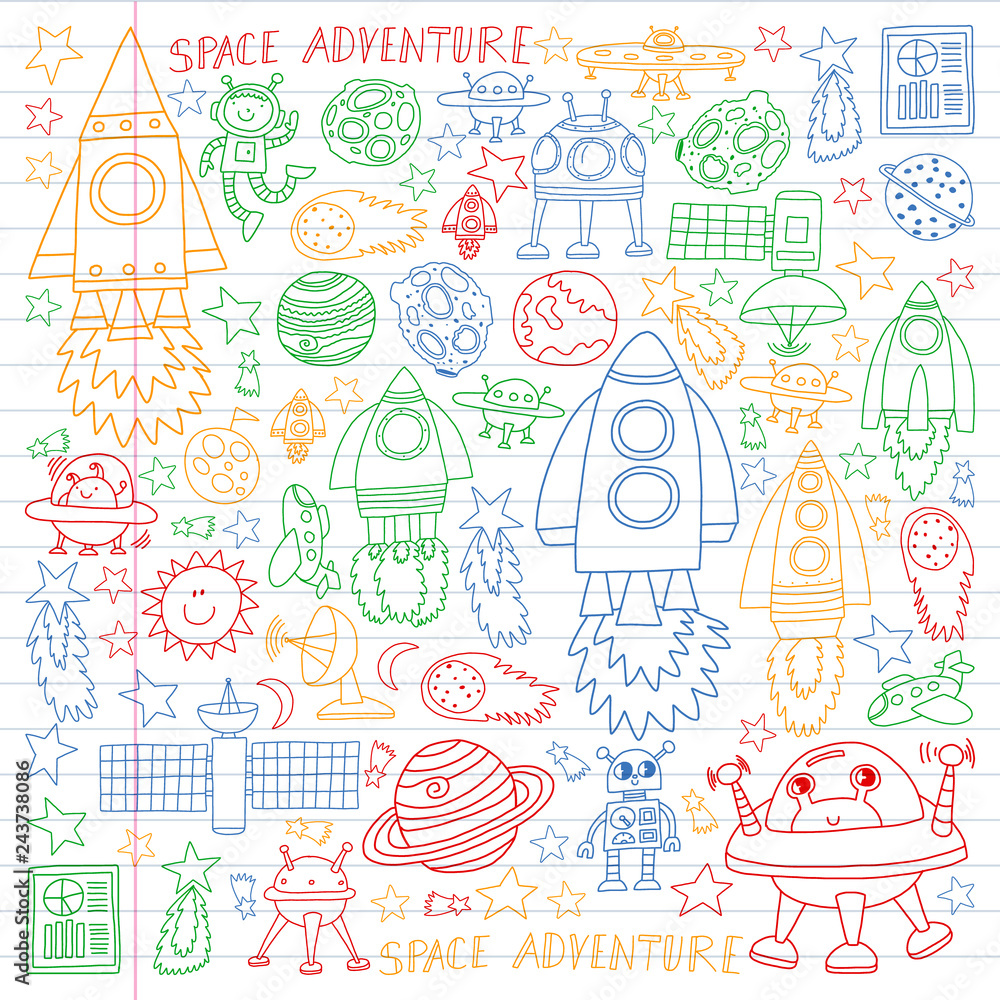 Vector set of space elements icons in doodle style. Painted, colorful, pictures on a piece of linear paper on white background.