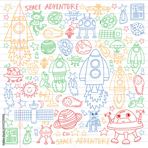 Vector set of space elements icons in doodle style. Painted, colorful, pictures on a piece of linear paper on white background.