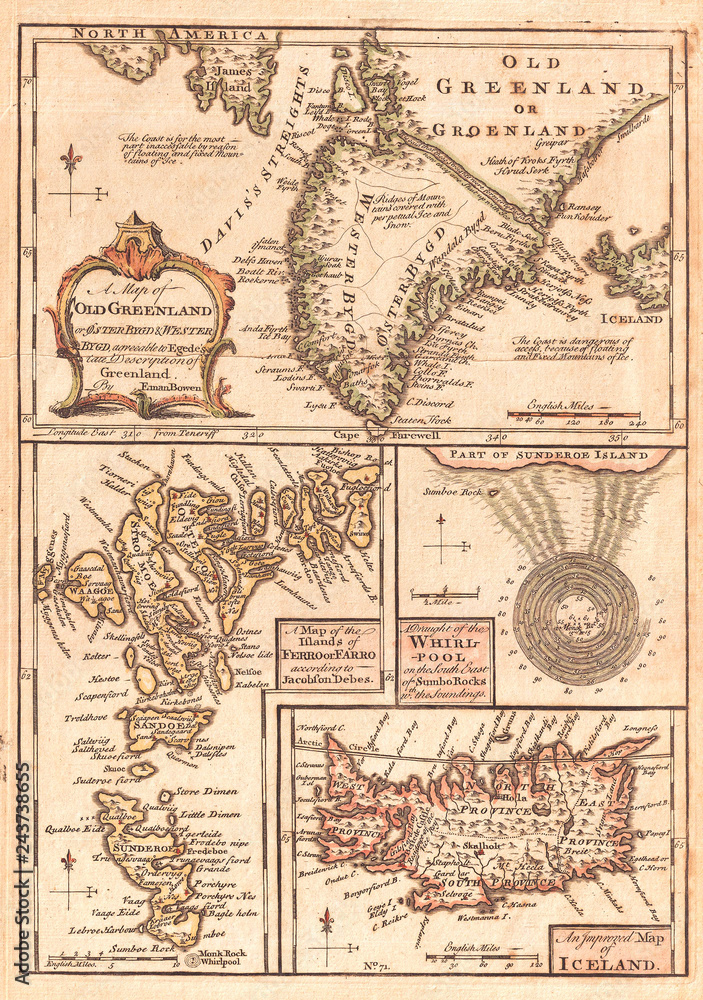 1747, Bowen Map of the North Atlantic Islands, Greenland, Iceland, Faroe Islands, Maelstrom
