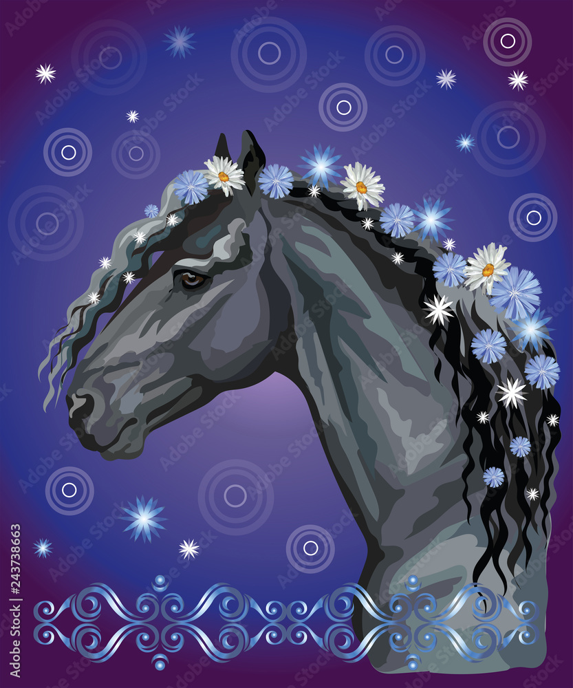 Naklejka Horse portrait with flowers12