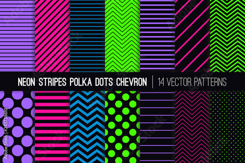 Glowing Neon Vector Patterns in Polka Dots, Chevron and Stripes. Fluorescent Lime Green, Pink, Blue and Purple Geometric Prints. Glow in the Dark Backgrounds. Pattern Tile Swatches Included.