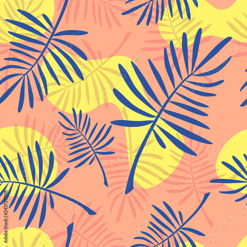 Bright coral and blue fern seamless pattern. tropical vector illustration