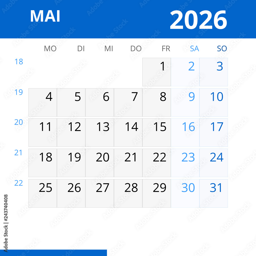  Monatskalender MAI 2026 mit Kalenderwoche in der Farbe blau Stock 