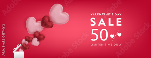 Valentine's day sale offer, banner template. 3d heart, Valentines Heart sale tags. Shop market poster design.	