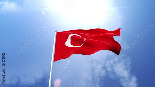 The flag of the Republic of Turkey waving in the wind on a sunny day.  Beautiful slow motion shot of the Turkish flag.