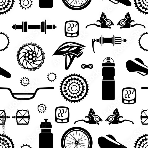 Bicycles. Seamless pattern of bicycle parts. Isolated vector image.