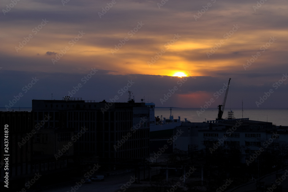 View of the sunrise in the seaport