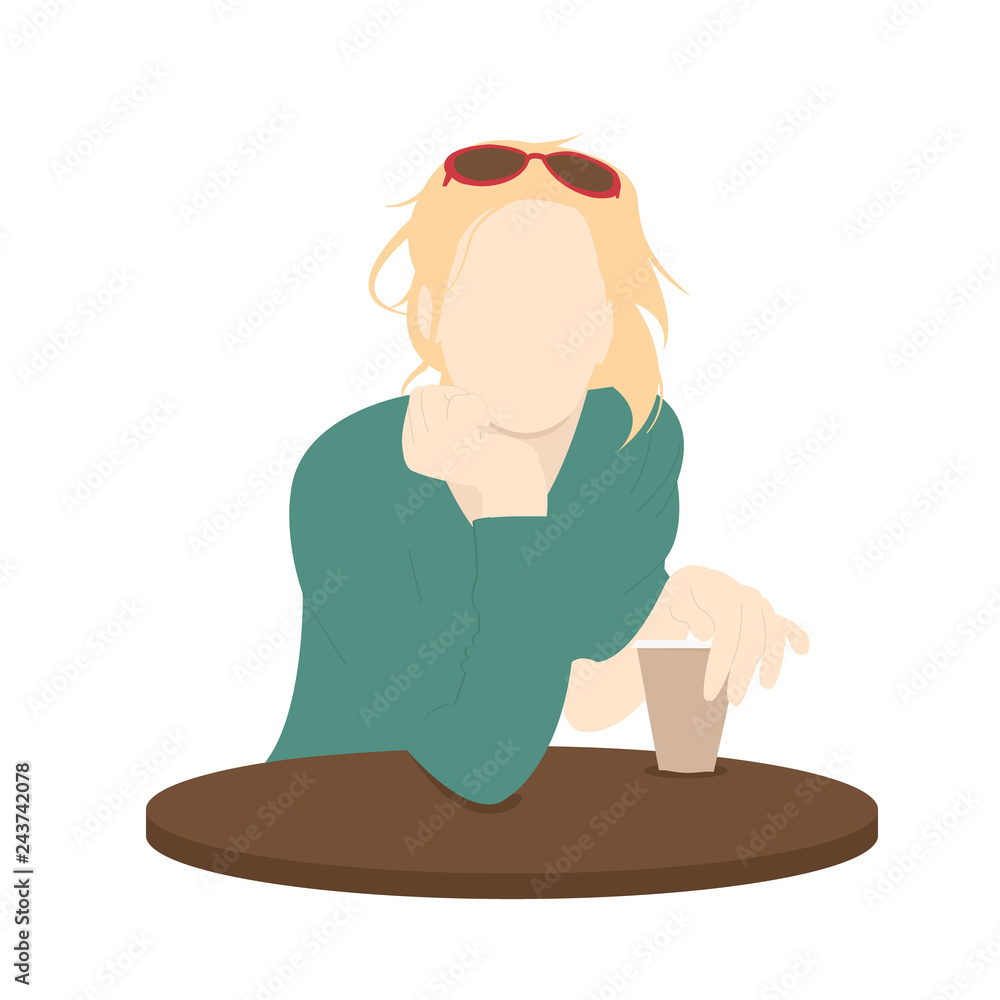 Single woman drinking coffee at the coffee table. Flat design. Vector Illustration. Eps10 Single woman drinking coffee at the coffee table. Flat design. Vector Illustration. Eps10