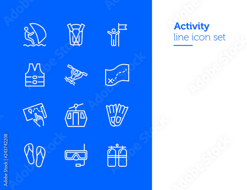 Activity line icon set. Sailing, kayaking, diving. Active lifestyle concept. Can be used for topics like sport, adventure, leisure