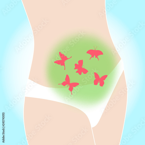 Woman belly with red flying butterflies. Pregnancy, maternity, critical days, woman health, menstruation