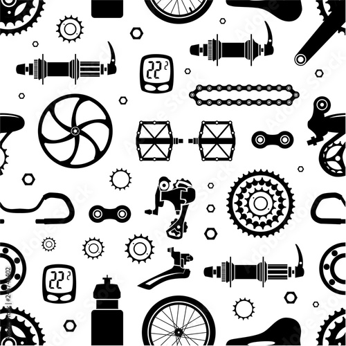 Bicycles. Seamless pattern of bicycle parts. Isolated vector image.