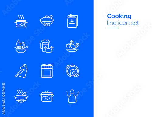 Cooking line icon set. Set of line icons on white background. Kitchenware concept. Knife, frying pan, stewing.  Vector illustration can be used for topics like cooking, food, kitchen