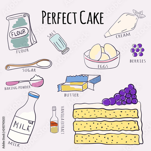 Vector hand drawn perfect cake recipe. Doodle illustration. Cake recipe in doodle style. Vector illustration.