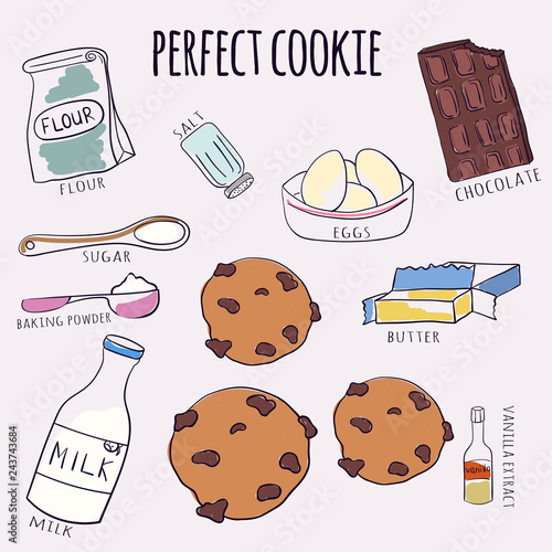 Vector hand drawn chocolate cookie recipe. Doodle illustration. Cake recipe in doodle style. Vector illustration.