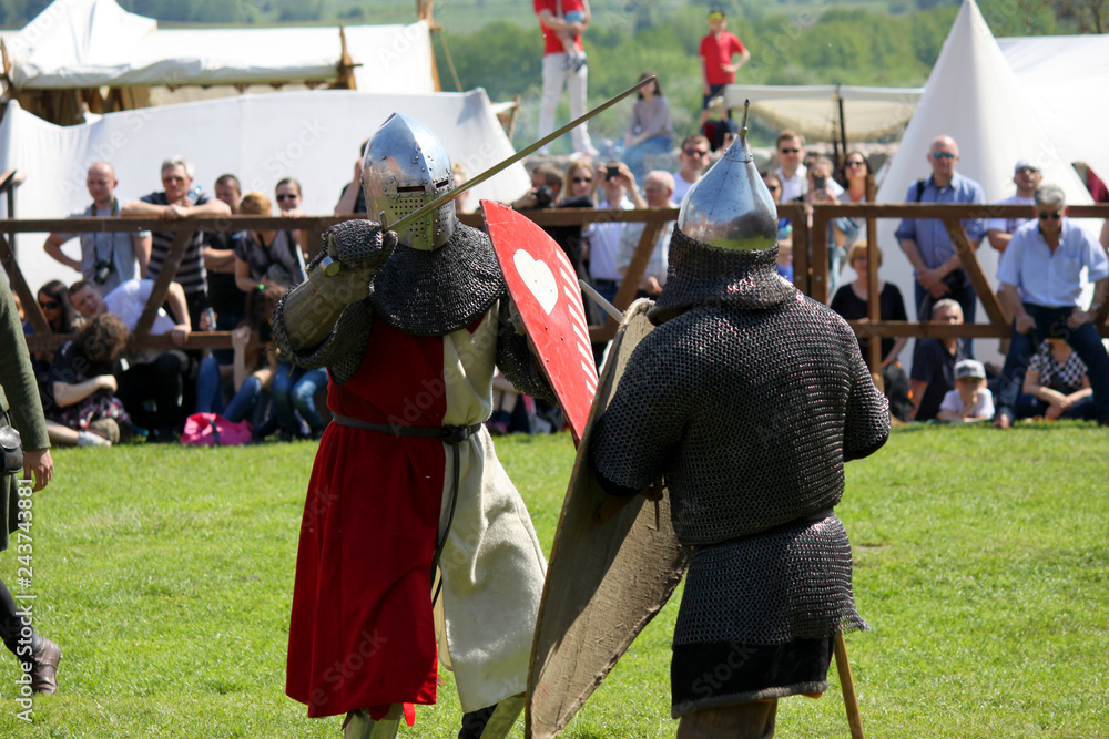 Knights fighting on tournament in Czersk castle, south of Warsaw, Mazovia, Poland - obrazy, fototapety, plakaty 