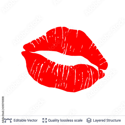 Red lips print isolated on white background.