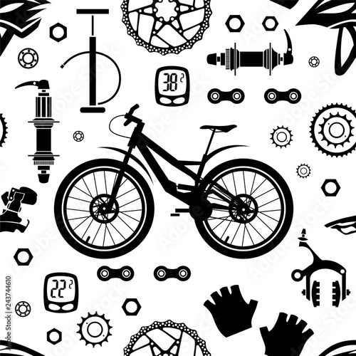 Bicycles. Seamless pattern of bicycle parts. Isolated vector image.