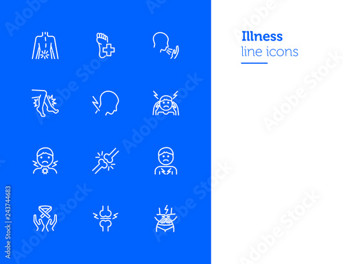 Illness line icons. Set of line icons on white background. Pain, headache, bones. Healthcare concept. Vector illustration can be used for topics like medicine, surgery, healthcare