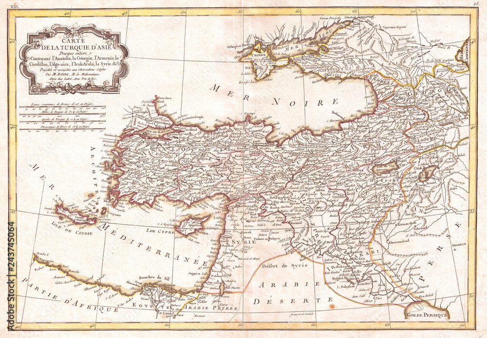 1771, Bonne Map of Turkey, Syria and Iraq, Rigobert Bonne 1727 – 1794, one of the most important cartographers of the late 18th century