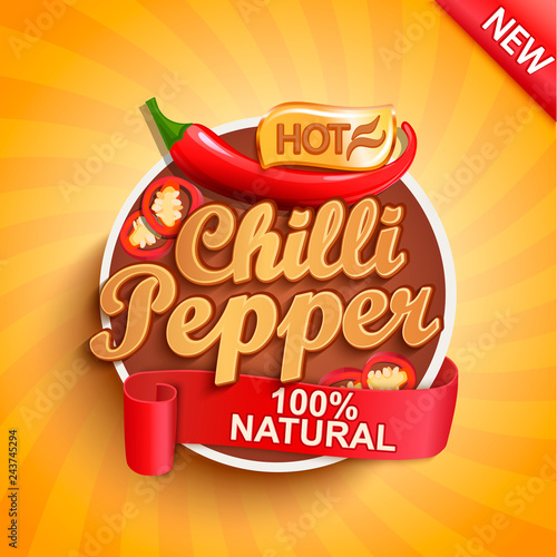Hot chilli pepper logo, label or sticker on sunburst background. Natural, organic food.Concept of tasty vegetable for farmers market,shops,packing and packages, advertising design.Vector illustration.