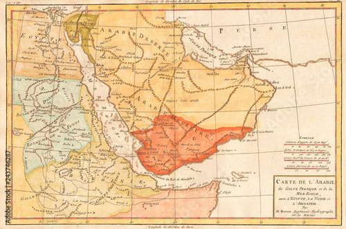 1780, Bonne Map of Arabia, Egypt and Ethiopia, Rigobert Bonne 1727 – 1794, one of the most important cartographers of the late 18th century