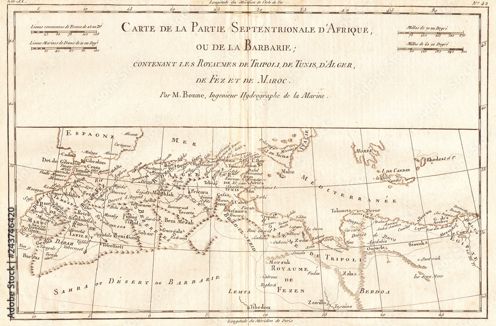 1780, Bonne Map of North Africa and the Western Mediterranean, Barbary Coast, Rigobert Bonne 1727 – 1794, one of the most important cartographers of the late 18th century 1780, Bonne Map of North Africa and the Western Mediterranean, Barbary Coast, Rigobert Bonne 1727 – 1794, one of the most important cartographers of the late 18th century