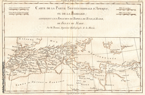 1780, Bonne Map of North Africa and the Western Mediterranean, Barbary Coast, Rigobert Bonne 1727 – 1794, one of the most important cartographers of the late 18th century