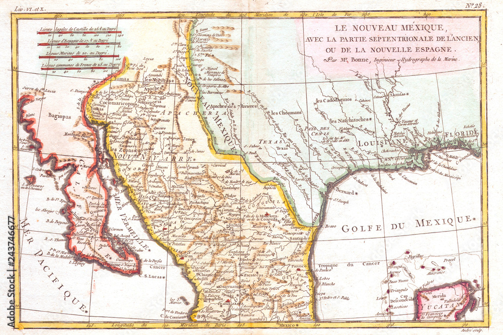 1780, Bonne Map of Texas, Louisiana and New Mexico, Rigobert Bonne 1727 – 1794, one of the most important cartographers of the late 18th century