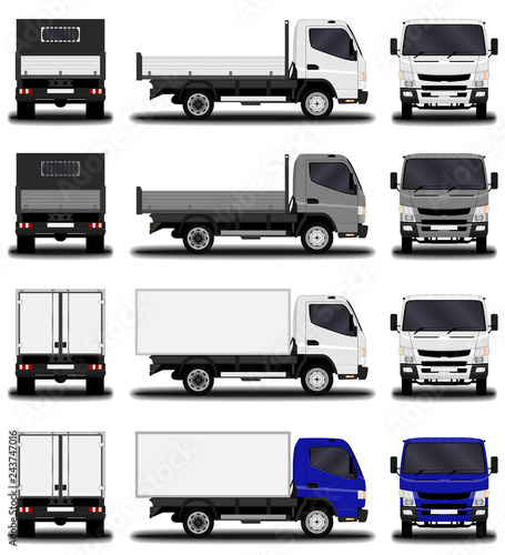realistic trucks set. front view; side view; back view.