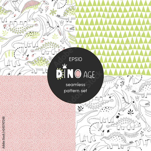 Dinosaur themed vector seamless background set includes cute dino reptiles, geometric stripes and dots patterns, vector graphics, kids and baby summer textile tee shirt apparel print
