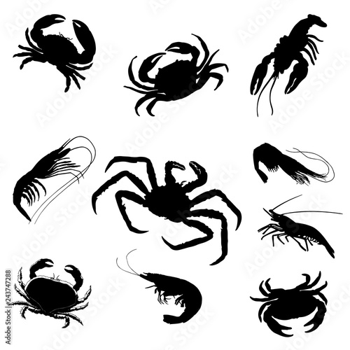 Black shrimp, cancer, crab silhouettes