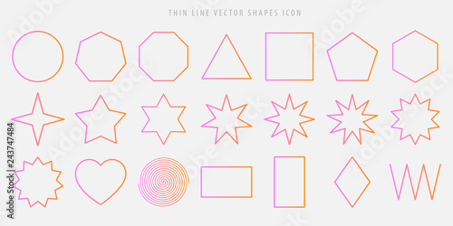 Thin line vector shapes icon set. circle, square, triangle, polygon, star, heart, spiral, rhombus, zigzag outline figures in the popular pink color gradient. 