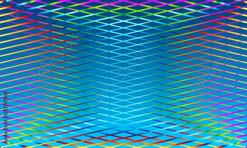 Abstract blue vector background with cross oblique stripes of rainbow colors. 