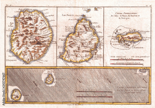 1780, Raynal and Bonne Map of Mascarene Islands, Reunion, Mauritius, Bourbon, Rigobert Bonne 1727 – 1794, one of the most important cartographers of the late 18th century photo