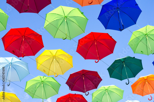 blue  white  red  yellow umbrellas