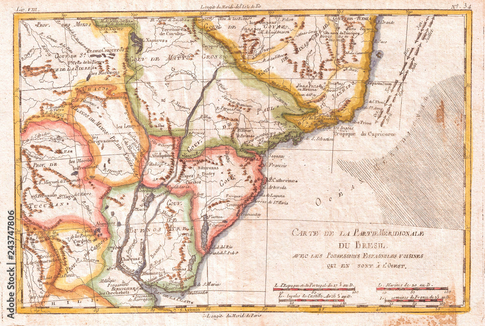 1780, Raynal and Bonne Map of Southern Brazil, Northern Argentina, Uruguay and Paraguay, Rigobert Bonne 1727 – 1794, one of the most important cartographers of the late 18th century
