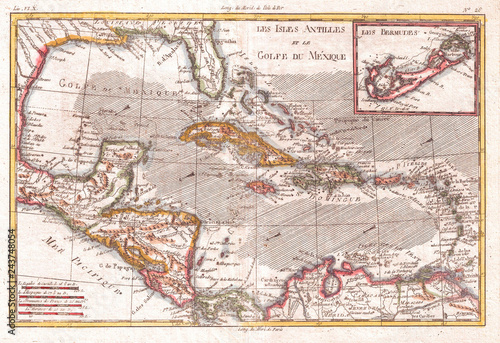 1780, Raynal and Bonne Map of the West Indies, Caribbean, and Gulf of Mexico, Rigobert Bonne 1727 – 1794, one of the most important cartographers of the late 18th century