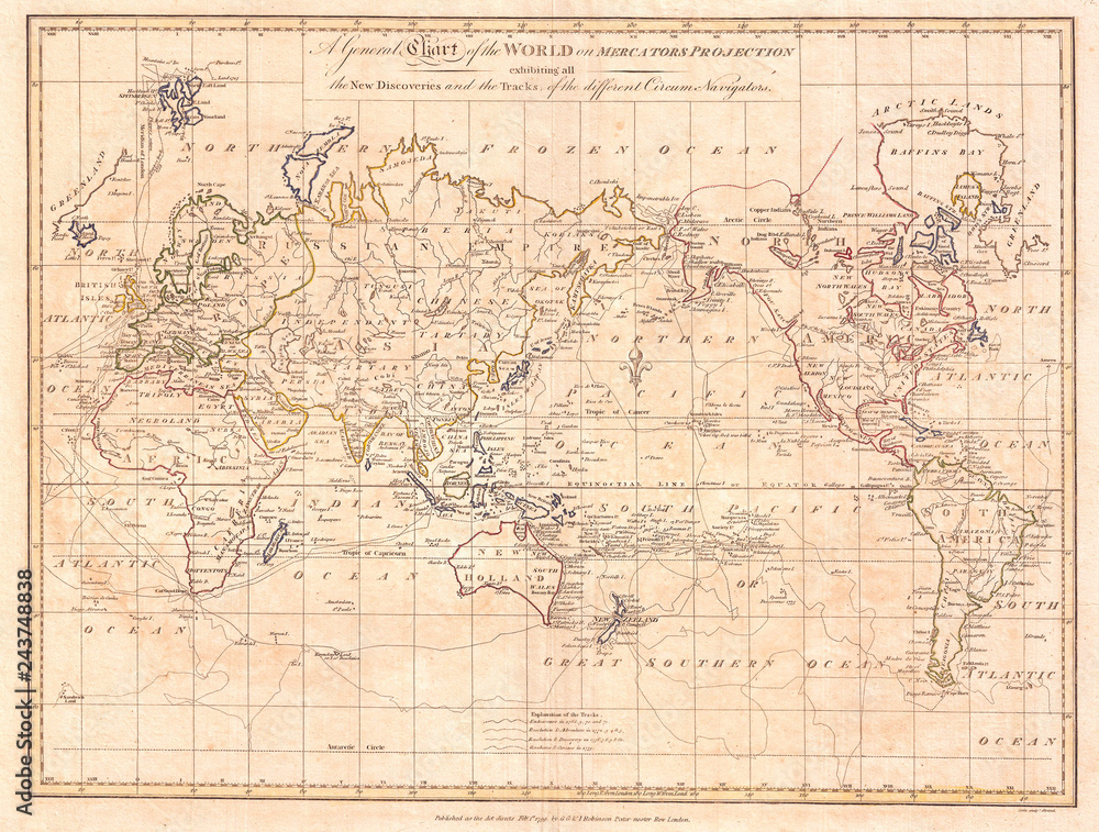 1799, Cruttwell Map of the World on Mercator's Projection