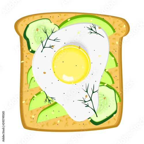 Fried toast with fresh sliced avocado and cucumber, scrambled eggs, sprinkled with dill, sesame. Vector illustration isolated on white background. Icon.