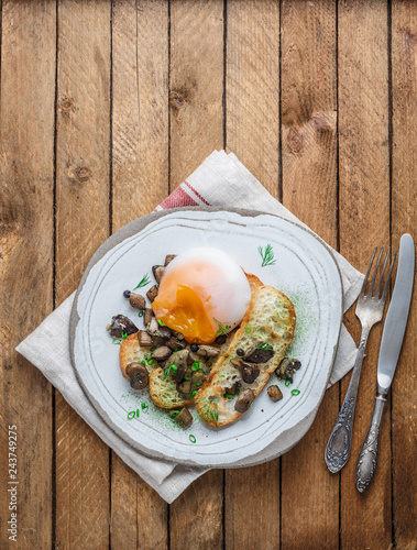 Poached egg with bread and wild mushrooms, copy space