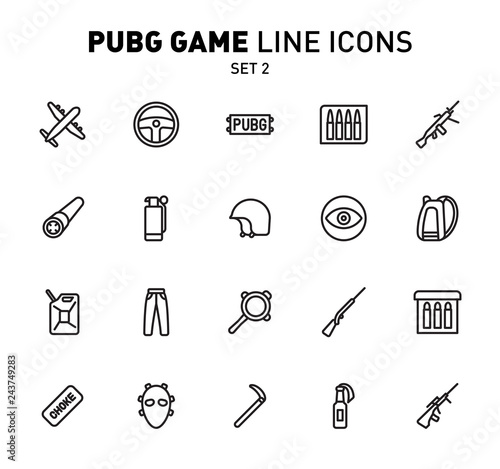 PUBG game line icons. Vector illustration of combat facilities. Linear design. The Set 2 of icons for PlayerUnknown's Battlegrounds.