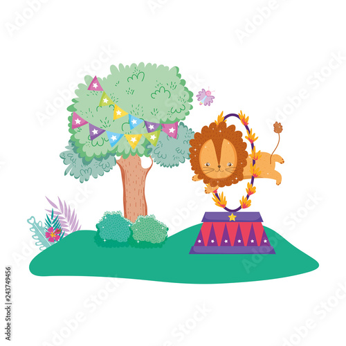 cute lion circus jumping fire ring