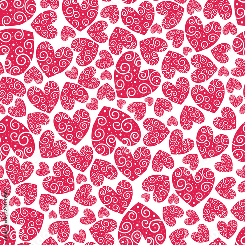 Red hearts on a white background placed close to each other. Vector seamless illustration of a repeating pattern with different sized hearts with flores texture. Love elements of repeat design.