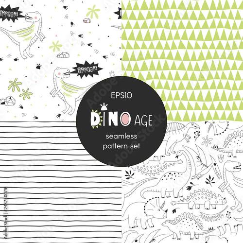 Dinosaur themed vector seamless background set includes cute dino reptiles, stripes and geometric triangle patterns, vector graphics, kids and baby summer textile tee shirt apparel print