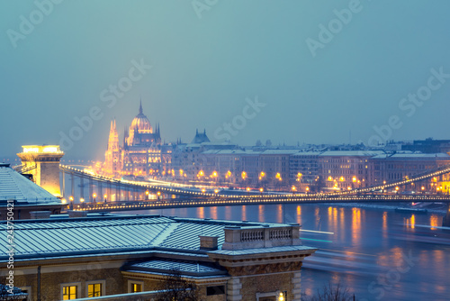 Night view of Budapest featuring Danube river and illuminated Parliament dome